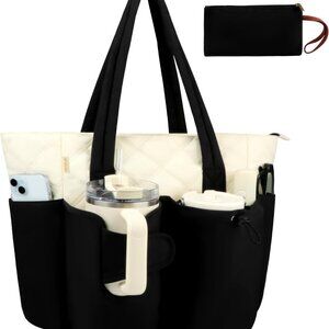 Work Tote Bag Cotton Nylon Large Puffer Water Bottle Compartment Travel